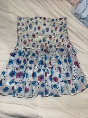 LoveShackFancy White Floral Ruffled Mini Skirt with Blue & Pink Flowers